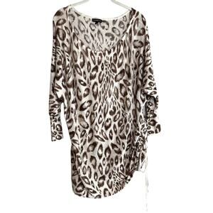 Express Womens Lightweight Sweater Large Ivory Tan Animal Print Ruched Side Tie